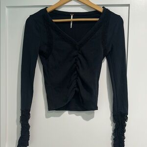 Free People Black V-Neck Ruched Long Sleeve Top with mesh sleeve XS